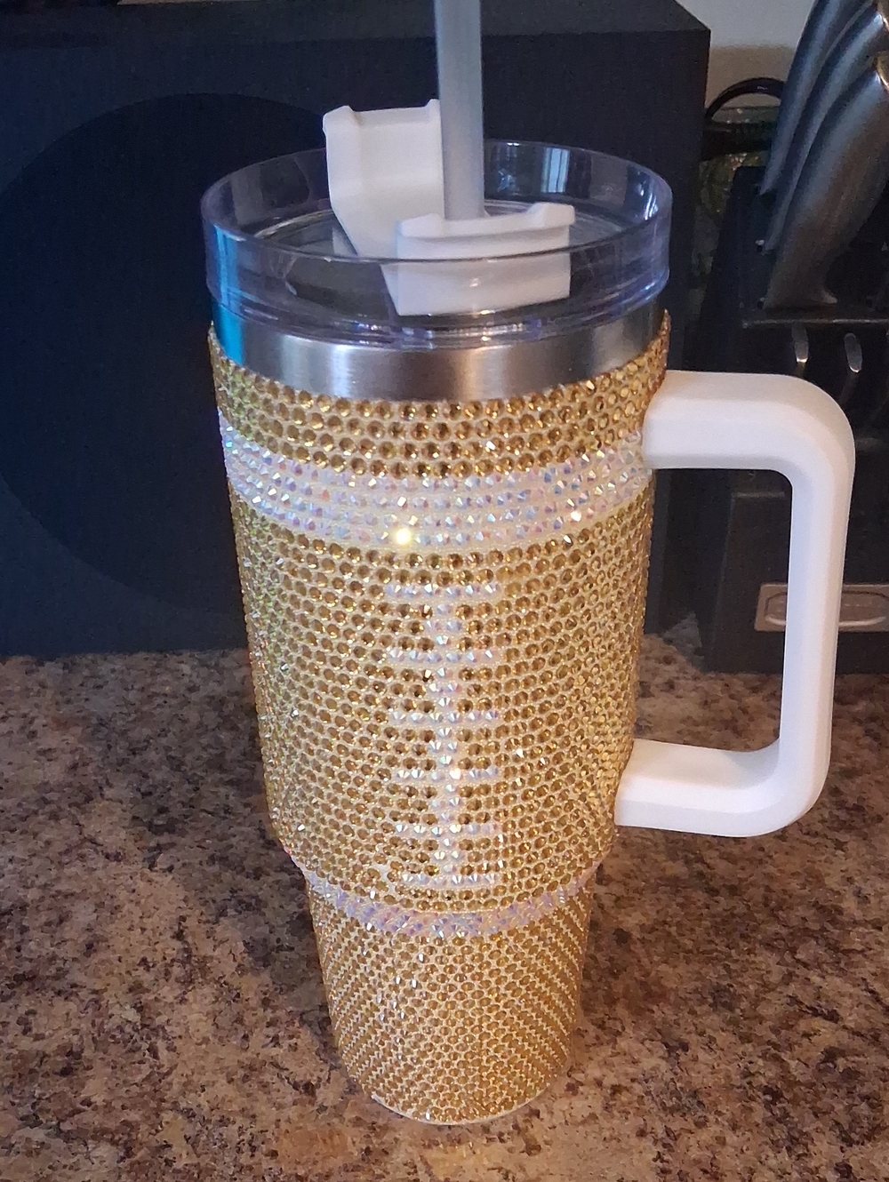 Gold Rhinestone FOOTBALL Travel Tumbler with White Handle